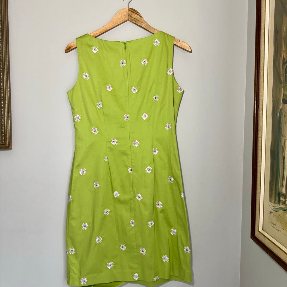 Vintage Amanda Smith Lime Green Daisy Embroidered Cotton Sheath Dress Size 6